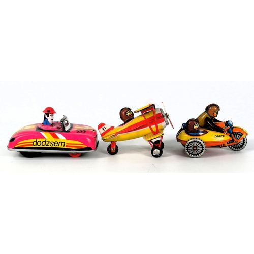 749 - Three Tinplate Toy Miniatures - Dodgem Car / Biplane / Motorbike & Sidecar - Colourful Lithographed ... 