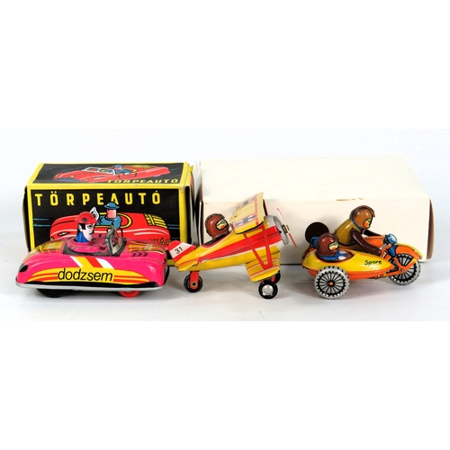 749 - Three Tinplate Toy Miniatures - Dodgem Car / Biplane / Motorbike & Sidecar - Colourful Lithographed ... 