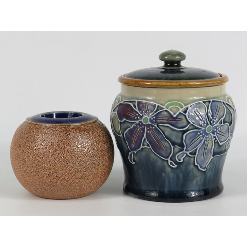 16 - Royal Doulton Florrie Jones Art Nouveau lidded jar 13cm high, plus a Royal Doulton stoneware match s... 