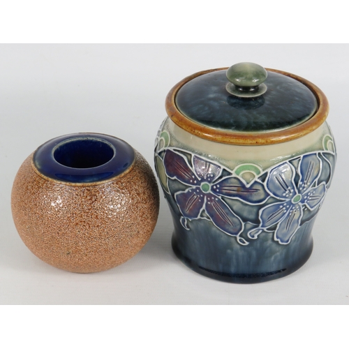 16 - Royal Doulton Florrie Jones Art Nouveau lidded jar 13cm high, plus a Royal Doulton stoneware match s... 