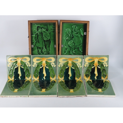 502 - Collection of Art Nouveau ceramic tiles including pair of green glazed figural tiles in wooden frame... 