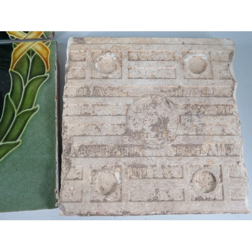 502 - Collection of Art Nouveau ceramic tiles including pair of green glazed figural tiles in wooden frame... 