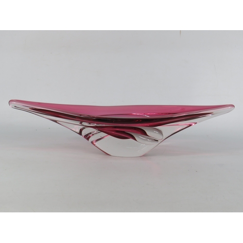 48 - Val Saint Lambert pink and clear art glass centrepiece bowl of stylised form, H10cm W38cm D11cm