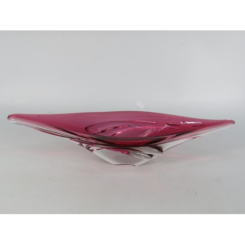 48 - Val Saint Lambert pink and clear art glass centrepiece bowl of stylised form, H10cm W38cm D11cm