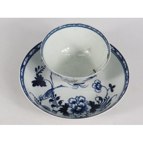 52 - 18th century Christian's Liverpool blue and white tea bowl and saucer decorated with bird and floral... 