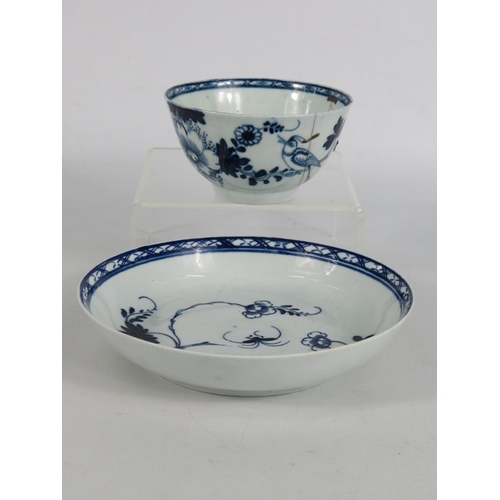 52 - 18th century Christian's Liverpool blue and white tea bowl and saucer decorated with bird and floral... 