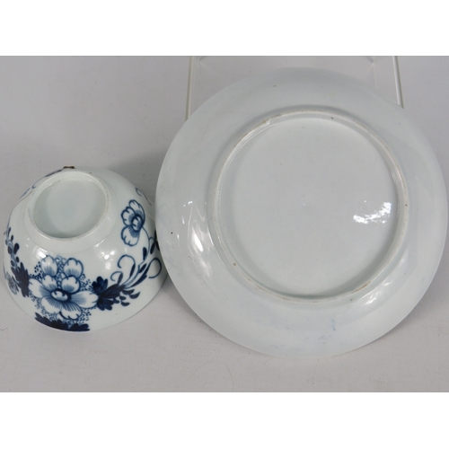 52 - 18th century Christian's Liverpool blue and white tea bowl and saucer decorated with bird and floral... 