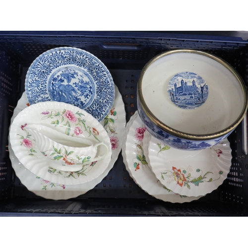 537 - Royal Doulton Clovelly pattern dinner ware including plates, leaf-form dish, plus blue and white tra... 