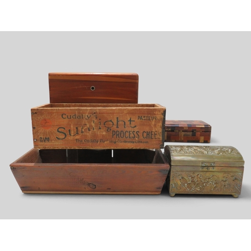 Five storage containers in various sizes, mostly wooden including a ...