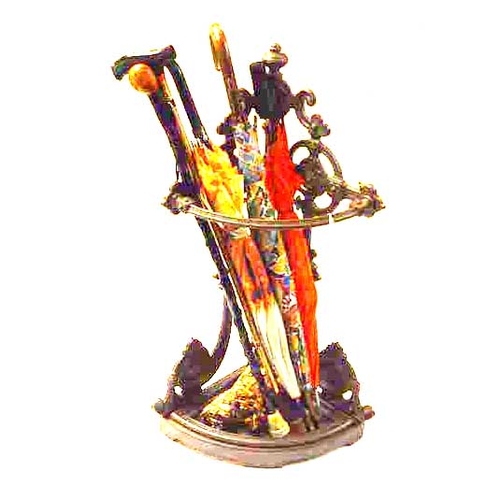 106 - A Cast Metal Corner Stick Stand and Contents