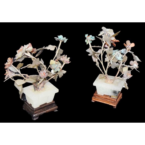 178 - A Pair of Chinese Jade and Hardstone Models in Square Planters and on Hardwood Stands