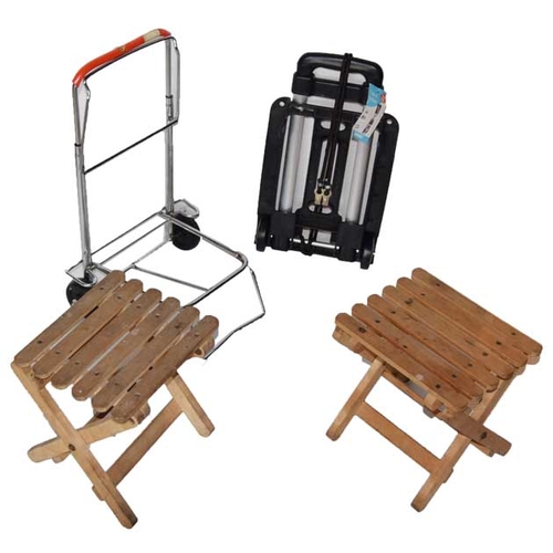 30 - Two Wooden Folding Stools and Two Suitcase Trolleys