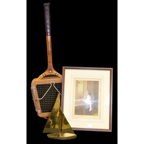 274 - A Sundry Lot of a Framed Print, Old Tennis Racket and a Brass Sailing Boat