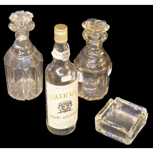 172 - Two Crystal Decanters, Coleraine Whiskey Bottle and a Blues Ashtray