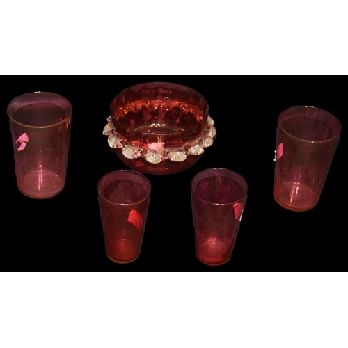 282 - A Ruby Bowl and Four Ruby Glass Tumblers