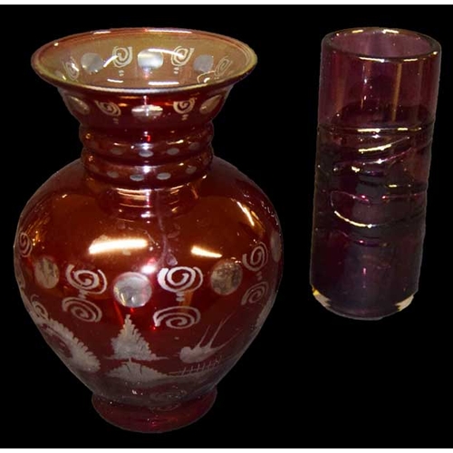 405 - An Etched Ruby Glass Vase and another Glass Vase