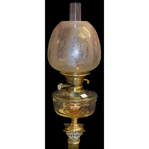 645 - A Very Nice Tall Corinthian Pillar Oil Lamp, Etched Glass Shade