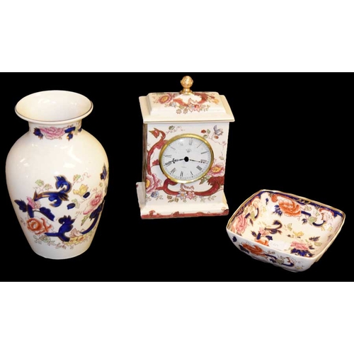 785 - A Masons Ironstone Mantle Clock, a Vase and a Dish