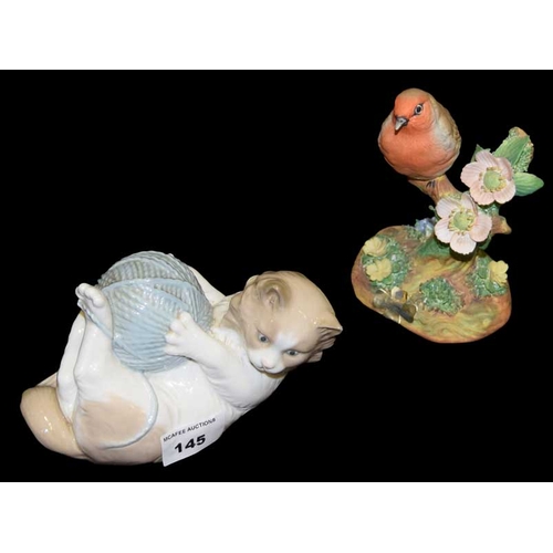 145 - A Nao Figurine 'Kitten' and a Crown Staffordshire 'Robin'