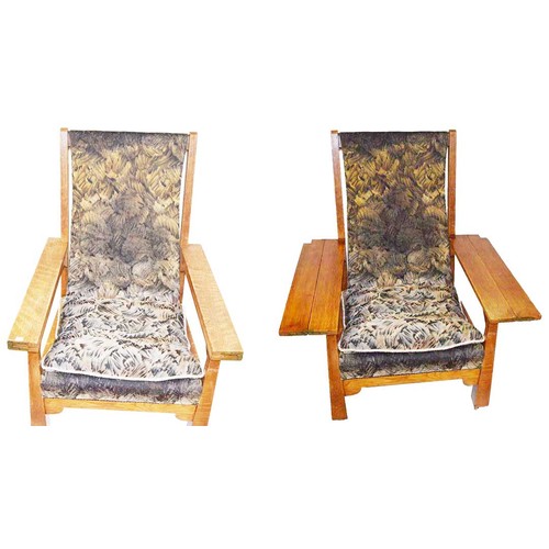 362 - A Very Unsual Pair of Oak Framed Upholstered Chairs, Fold Out Arms