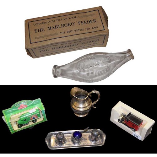 143 - Two Scale Model Van Sets, an Early Silver Plated Condiment Set and a Baby Bottle