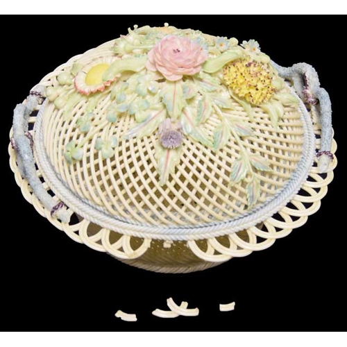 742 - A Belleek Flower Encrusted Lidded Basket a/f