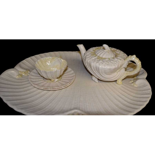 185 - A 2nd Period Belleek Platter, Early Teapot, 2nd Period Cup and Two Saucers