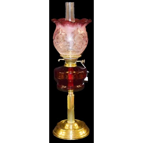 105 - A Brass and Ruby Bowl Oil Lamp With Etched Glass Ruby Shade