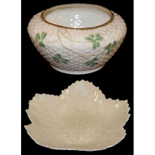 271 - A 2nd Period Belleek Shamrock Patterned Bowl and A 3rd Period Belleek Leaf Dish