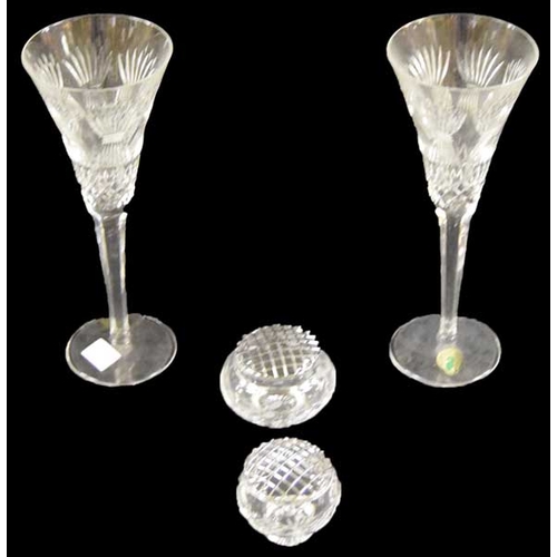 331 - Two Waterford Crystal Champagne Glasses and Two Small Flower Holders