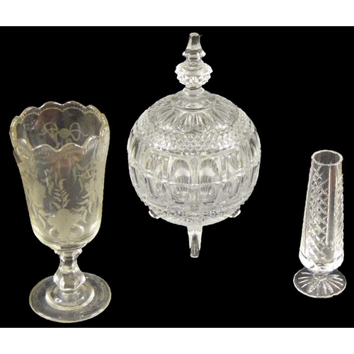 335 - A Large Crystal Lidded Jar, An Etched Glass and Another Vase