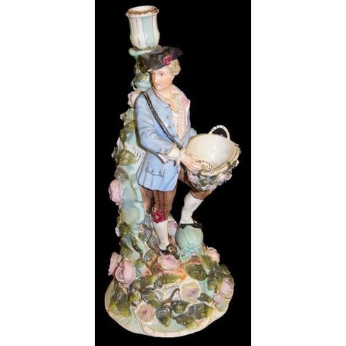 344 - A Nice Continental Figurine of A Gent With Basket in The Form of A Candlestick