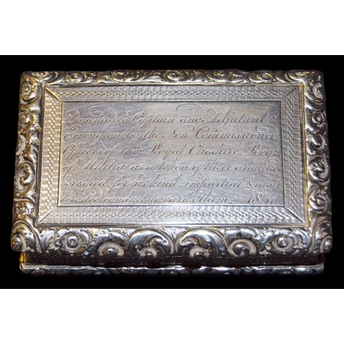 496 - A Magnificent Large Heavy Silver Snuff Box With Contemporary Military Inscription, Birmingham 1829 -... 