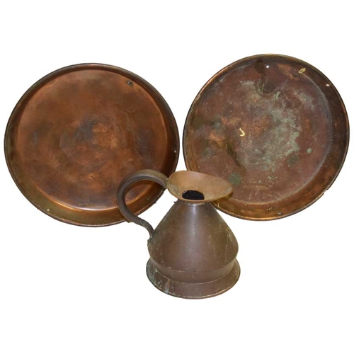 8 - Two Circular Copper Pans and A Large Measure