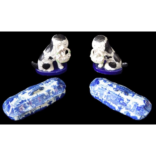 1 - Two 20th Century Blue and White Soap Dishes and a Pair of Staffordshire Dogs