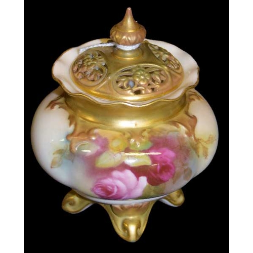 87 - A Very Nice Royal Worcester Lidded Pot Pouri, Hand Painted With Roses