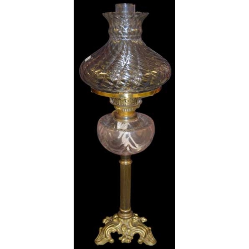 111 - A Brass Pillar Oil Lamp and Shade