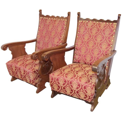 147 - An Unusual Pair of Arts and Crafts Oak Framed Upholstered Armchairs