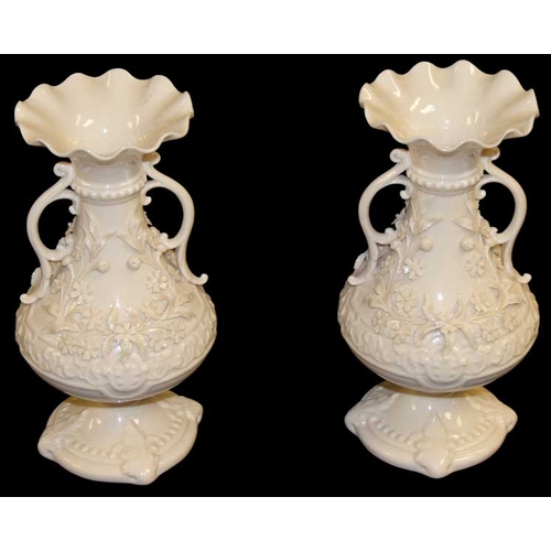 A Pair of 3rd Period Belleek Flower Encrusted Vases