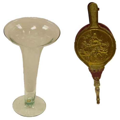 347 - An Old Pair of Bellows and a Tall Glass Vase