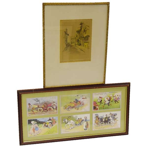 471 - A Nice Set of Six Framed Cartoon Drawings and a Coloured Etching - Marjorie Bates