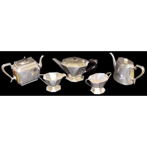 481 - A Three Piece Silver Plated Tea Service and Two Old Silver Plated Teapots