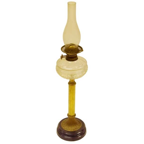 484 - A Brass Pillar Oil Lamp, Clear Glass Bowl