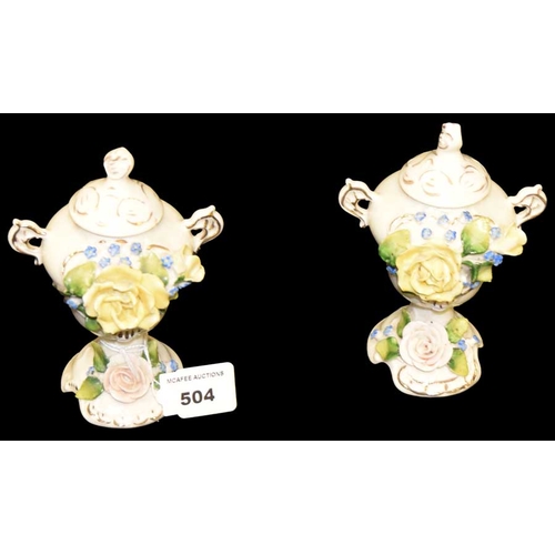 504 - A Nice Pair of Lidded Flower Encrusted Vases