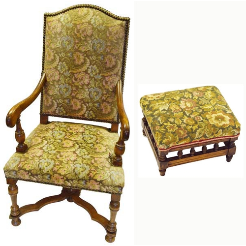 132 - An Oak Framed Upholstered Armchair with Matching Stool