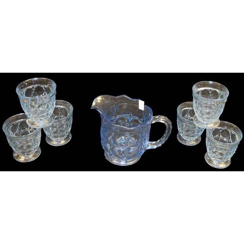 340 - A Blue Glass Waterjug and Six Matching Footed Tumblers