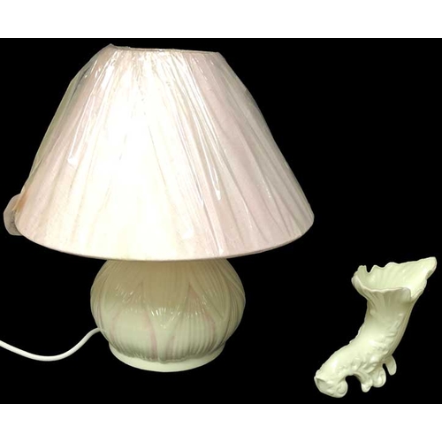 488 - A Belleek Based Table Lamp and Shade and a Belleek Vase