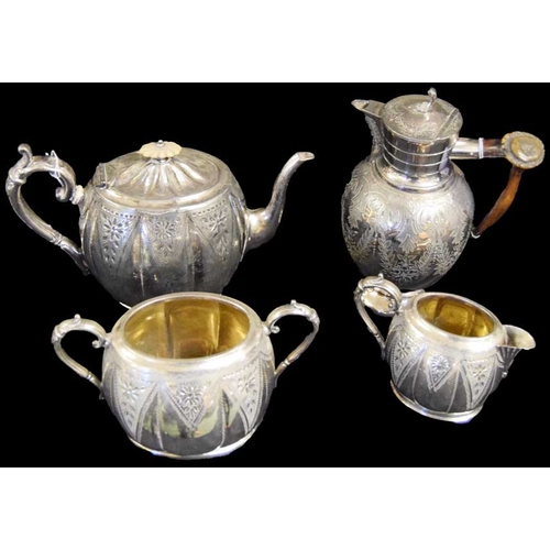 119 - A Silver Plated Teapot, Sugar and Milk Jug and an Antler Handled Claret Jug