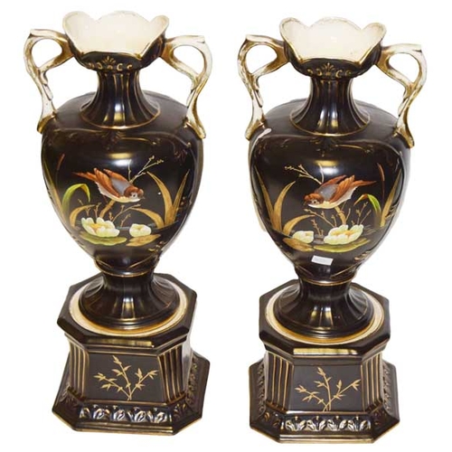 274 - A Very Fine Pair of Two Handled Hand Painted and Decorated Vases