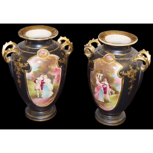 314 - A Very Nice Pair of Hand Painted and Decorated Two Handled Vases